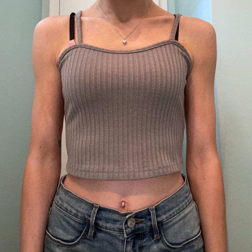 Romwe Gray Ribbed Crop Tank Top